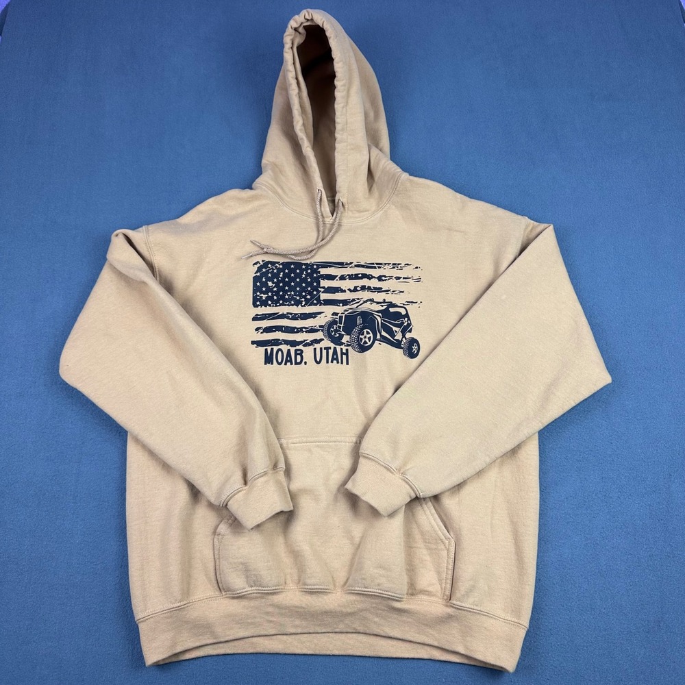 Moab Utah UTV Off-Road American Flag Hoodie Tan Sand Pullover Mens XL